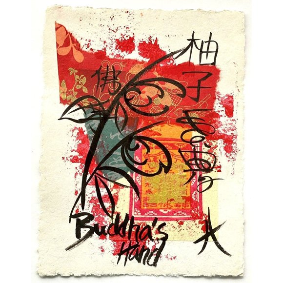 Original Art “Buddha's Hand” Artwork Signed Asian Fusion Collage Painting 9”x12” - Picture 2 of 6